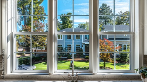 View looking out a kitchen window through a brand-new set of white, double-hung vinyl windows onto a well yard in an upscale neighborhood. Generative AI.