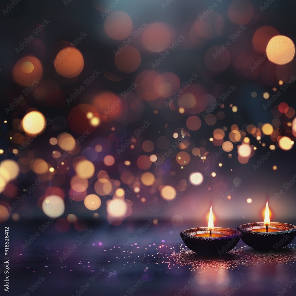 Traditional Diyas Illuminating a Table With Colorful Bokeh Background at Night Traditional Diyas Illuminating a Table With Colorful Bokeh Background at Night