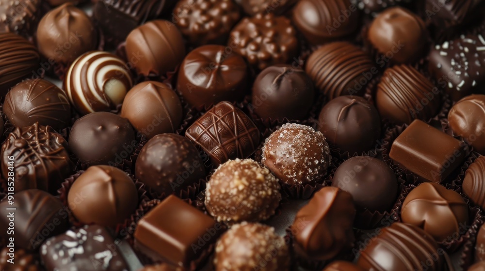 A close-up of an assortment of gourmet chocolates, showcasing a variety of textures, shapes, and flavors. The rich dark brown hues evoke indulgence and sweetness. The image symbolizes luxury, pleasure A close-up of an assortment of gourmet chocolates, showcasing a variety of textures, shapes, and flavors. The rich dark brown hues evoke indulgence and sweetness. The image symbolizes luxury, pleasure