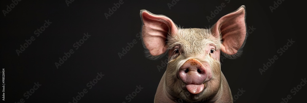 A close-up portrait of a pink piglet with its tongue sticking out, set against a black background. The piglet's playful expression and large ears create a charming and endearing image, symbolizing joy A close-up portrait of a pink piglet with its tongue sticking out, set against a black background. The piglet's playful expression and large ears create a charming and endearing image, symbolizing joy