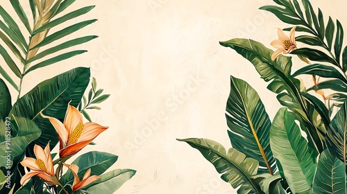 A vibrant illustration featuring tropical leaves and flowers against a soft, neutral background. Perfect for nature-themed projects.