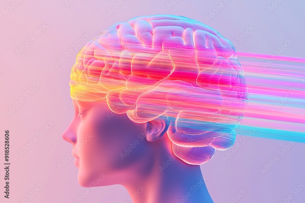 A vibrant representation of a human brain showcasing motion and creativity, blending colors in a surreal, futuristic style. A vibrant representation of a human brain showcasing motion and creativity, blending colors in a surreal, futuristic style.