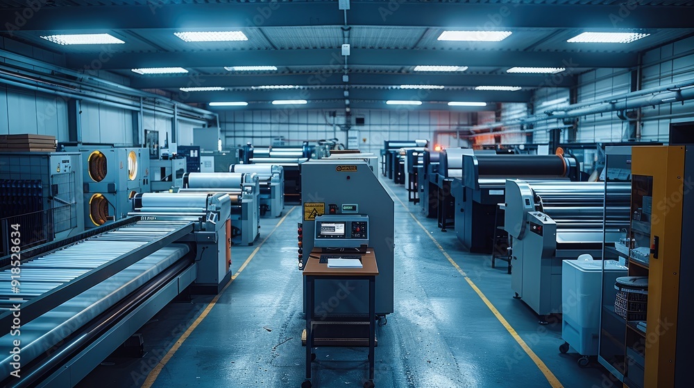 Fototapeta premium A modern small printing company taken from an elevated position. an offset printing machine, a digital printing machine, a large format printing machine, and a finishing machine. Generative AI.