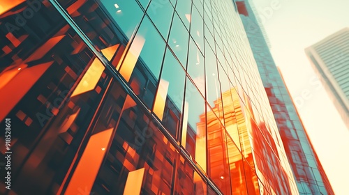 A vibrant reflection of modern architecture showcasing sleek, glass facades illuminated by warm sunset tones.