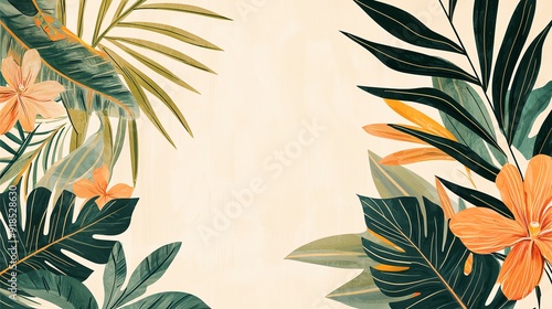 A vibrant tropical background featuring lush leaves and flowers, perfect for summer themes and nature-inspired designs.