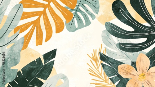 A vibrant tropical leaf pattern featuring green and orange foliage against a soft background, perfect for modern decor and summer themes.