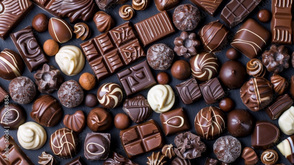 A close-up shot showcasing a variety of chocolate treats, including bars, squares, and individually wrapped candies. The rich, dark brown hues of the chocolate are highlighted against a contrasting ba A close-up shot showcasing a variety of chocolate treats, including bars, squares, and individually wrapped candies. The rich, dark brown hues of the chocolate are highlighted against a contrasting ba
