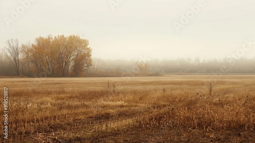  A foggy day in a field with a horse in the foreground and trees on the far side