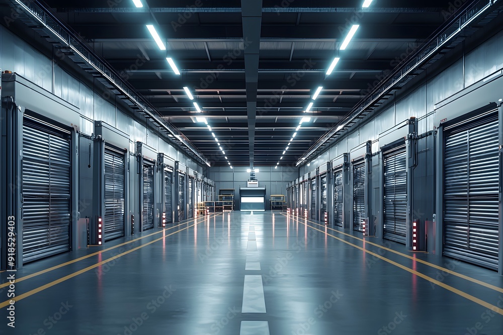 Spacious modern warehouse with illuminated loading bays and sleek metallic design. Spacious modern warehouse with illuminated loading bays and sleek metallic design.