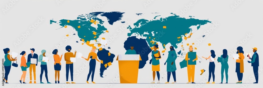 A diverse group of people stand before a world map, symbolizing global connection, international teamwork, cultural exchange, and unified communication. A diverse group of people stand before a world map, symbolizing global connection, international teamwork, cultural exchange, and unified communication.