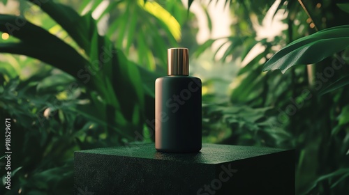 Elegant perfume bottle surrounded by lush green foliage, perfect for nature-inspired fragrance displays and product promotions.