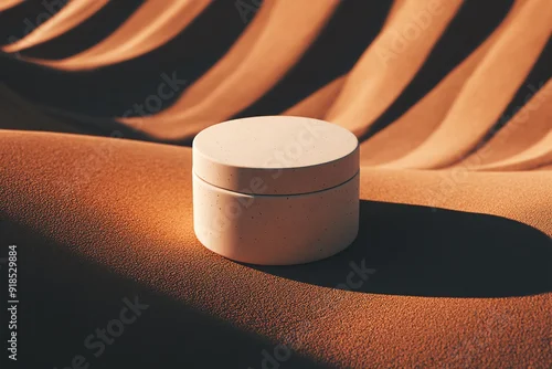 Fototapeta samoprzylepna Minimalist cosmetic jar nestled in smooth sand dunes, capturing the essence of serenity and elegance in a unique setting.