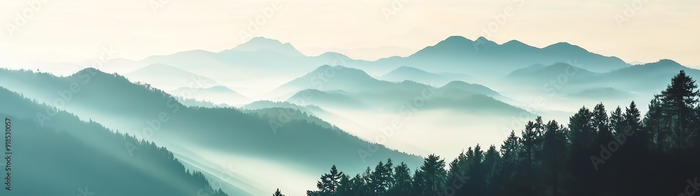 Obraz premium Serene mountain landscape with misty layers, creating a peaceful and tranquil atmosphere in soft blue tones.