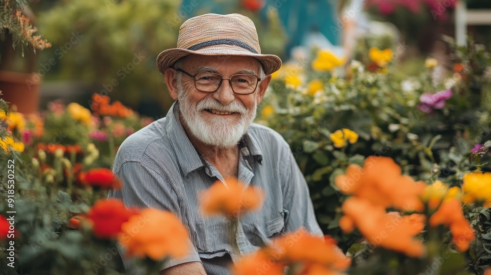 Eldery senior man relaxing in garden with flowers background
Eldery senior man relaxing in garden with flowers background