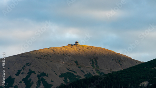 Snezka Mountain with Meteorological Station at Sunset