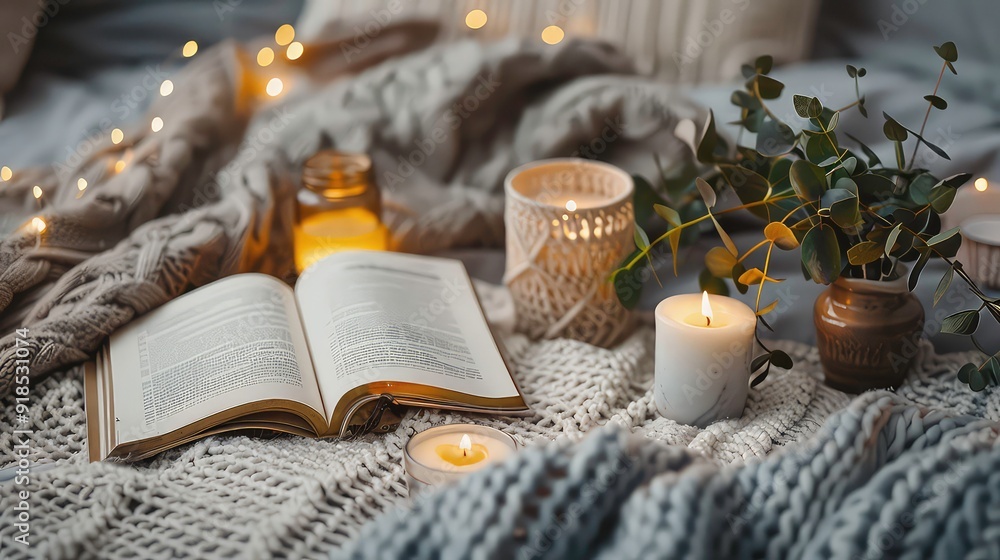 A cozy scene with a book, candles, and a plant on a knitted blanket. A cozy scene with a book, candles, and a plant on a knitted blanket.