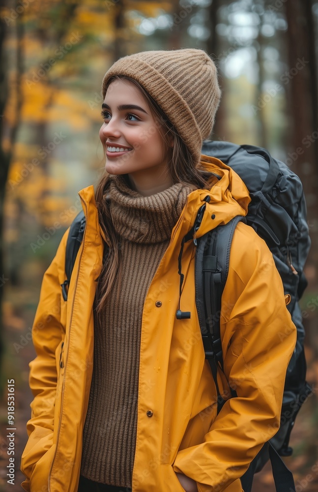 A joyful young woman in a yellow raincoat, standing in an autumn forest, smiling A joyful young woman in a yellow raincoat, standing in an autumn forest, smiling