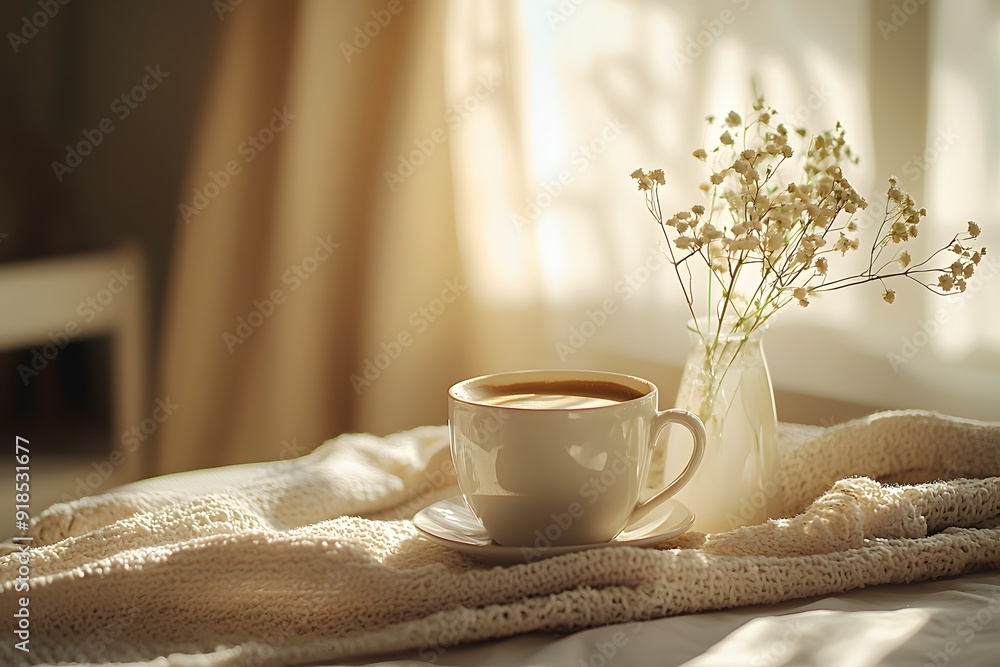 A cozy morning scene with coffee and delicate flowers on soft fabrics. A cozy morning scene with coffee and delicate flowers on soft fabrics.