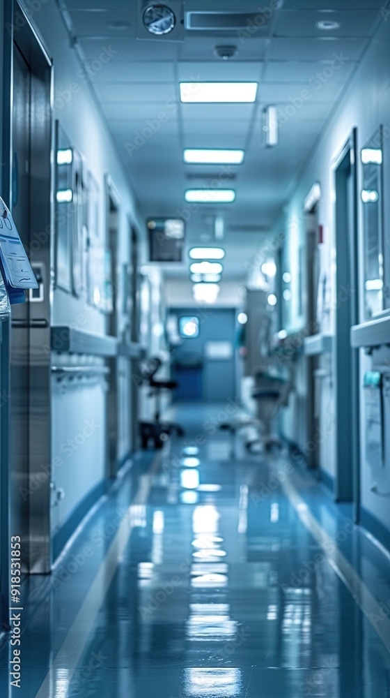 Fototapeta premium A hallway in a hospital with a sign on one side and medical equipment on the other
