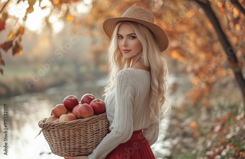 Blonde woman wearing a red skirt and white sweater holds a basket of apples in autumn park