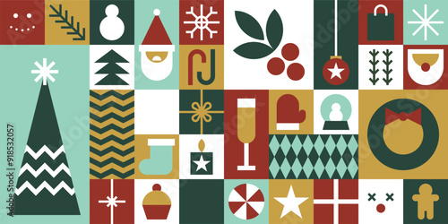 Christmas Geometric Bauhaus Background in Mosaic Block Style with Seamless Pattern