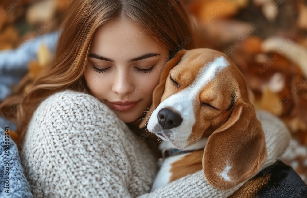 Young woman in a white sweater cuddling a beagle on a blue blanket, surrounded by autumn leaves Young woman in a white sweater cuddling a beagle on a blue blanket, surrounded by autumn leaves