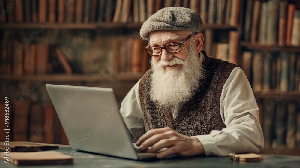 Eldery senior man working at laptop background