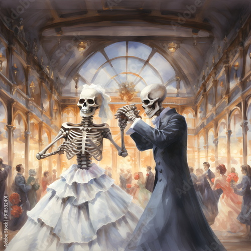 Skelette im Hochzeitstanz im prunkvollen Ballsaal - Fantasievolle Gothic-Illustratio photo