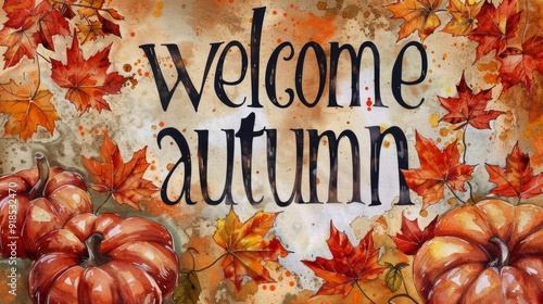 Flat Design Welcome Autumn Leaves Background. illustration of fall autumn leaves with the welcome fall typography