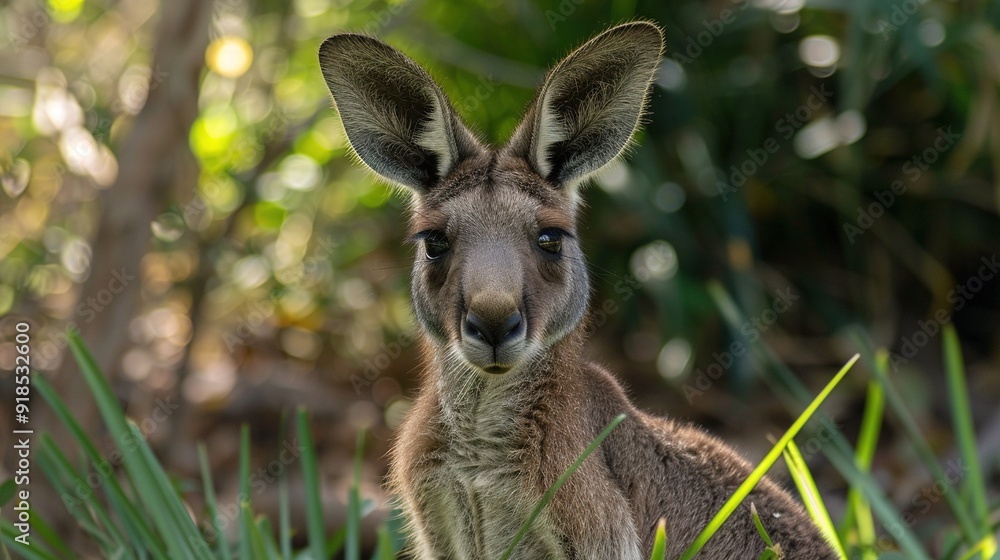 a close-up kangaroo, focused on the camera, surrounded by trees and grass in the background a close-up kangaroo, focused on the camera, surrounded by trees and grass in the background