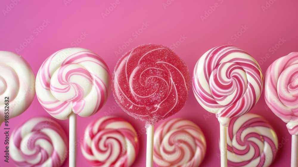 A row of pink and white swirled lollipops on a pink background, with a single solid pink lollipop in the middle. This image represents sweetness, happiness, and childhood memories. A row of pink and white swirled lollipops on a pink background, with a single solid pink lollipop in the middle. This image represents sweetness, happiness, and childhood memories.