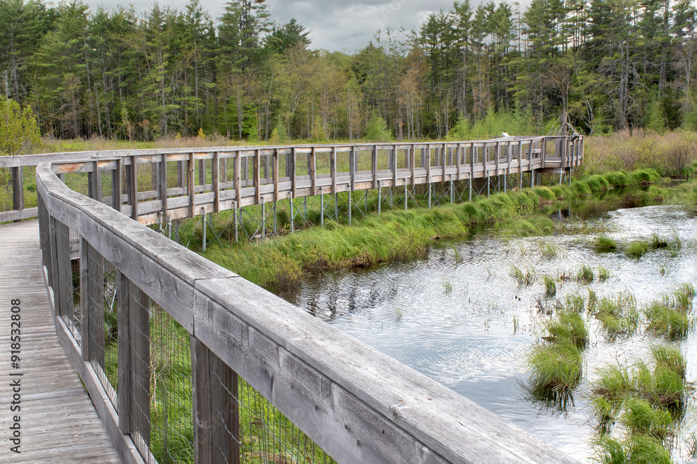 Long elevated boardwalk and observation platform over marsh and wetlands at Alice Bemis Thompson Wildlife Sanctuary in North Sandwich, New Hampshire. Long elevated boardwalk and observation platform over marsh and wetlands at Alice Bemis Thompson Wildlife Sanctuary in North Sandwich, New Hampshire.