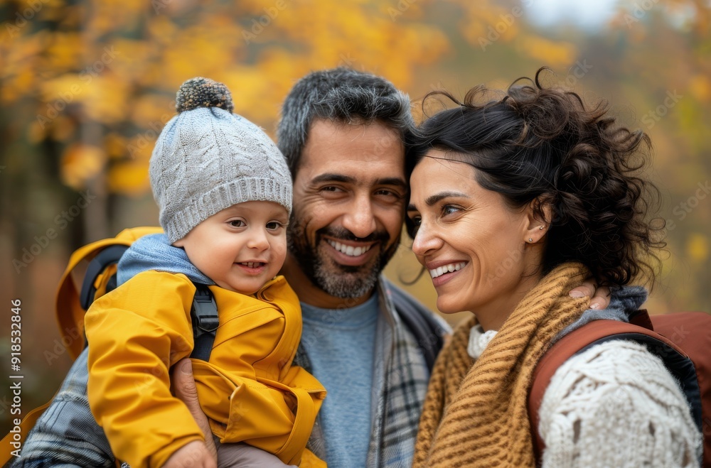 Family Enjoying Autumn Hike in Forest With Child on Father's Back Family Enjoying Autumn Hike in Forest With Child on Father's Back