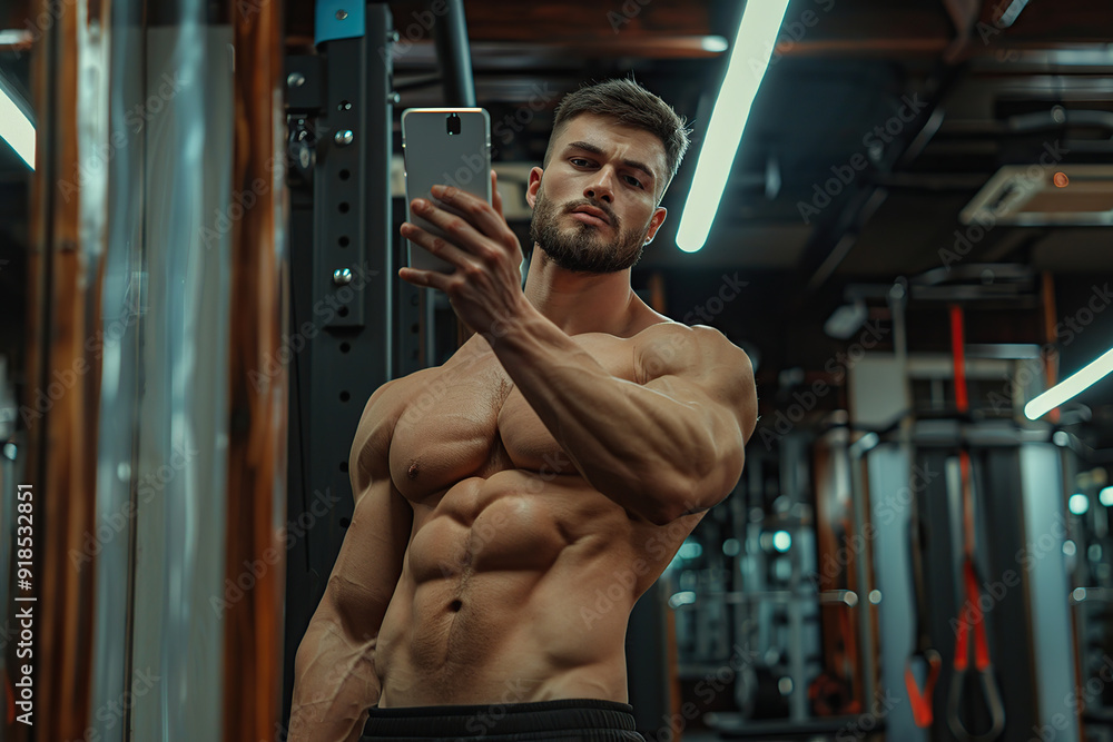 Young muscular man making selfie near the mirror in the gym center Young muscular man making selfie near the mirror in the gym center