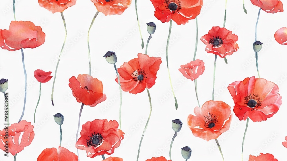 Fototapeta premium Red poppies watercolor painting on white background with black center