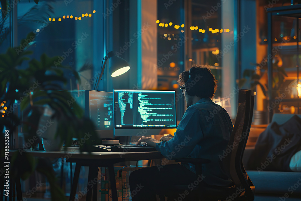 Fototapeta premium Young man programmer working in office at workplace station