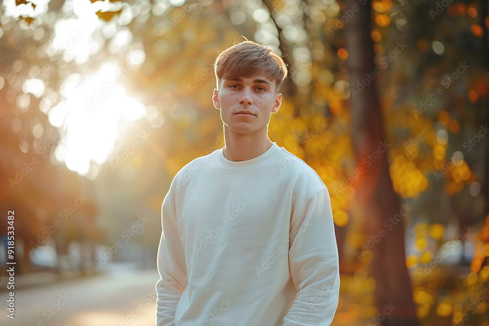 Young attractive man in white sweatshirt on autumn park background Young attractive man in white sweatshirt on autumn park background