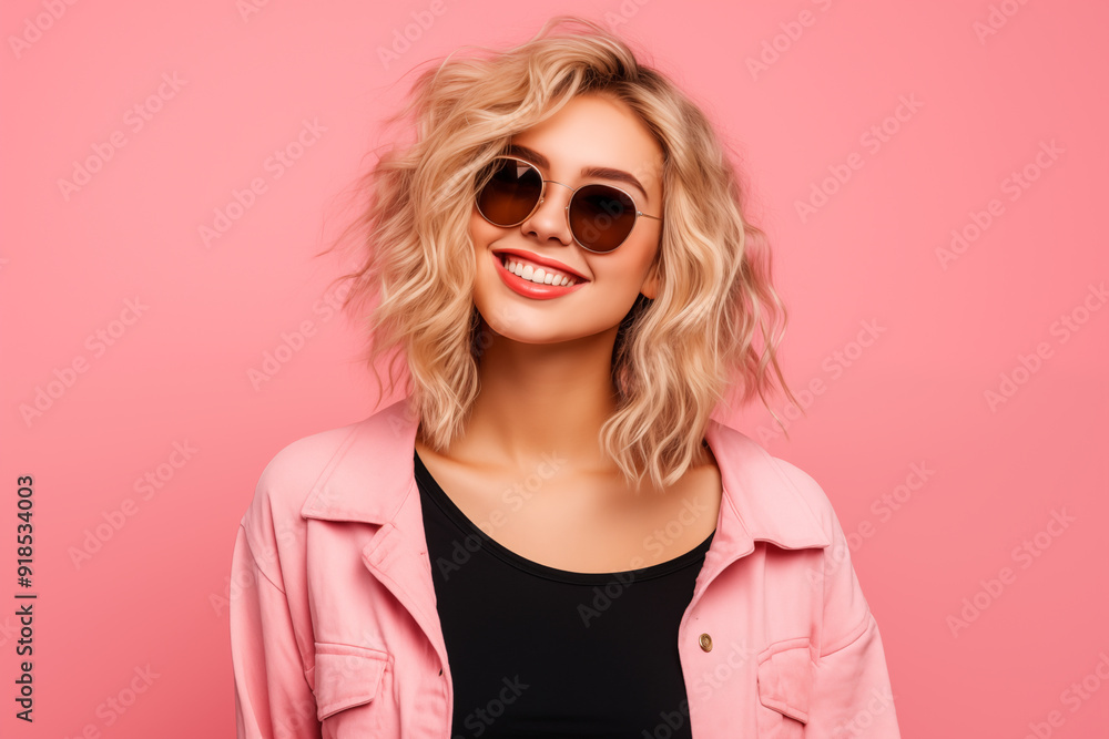 Young pretty blonde girl over isolated colorful background with sunglasses Young pretty blonde girl over isolated colorful background with sunglasses
