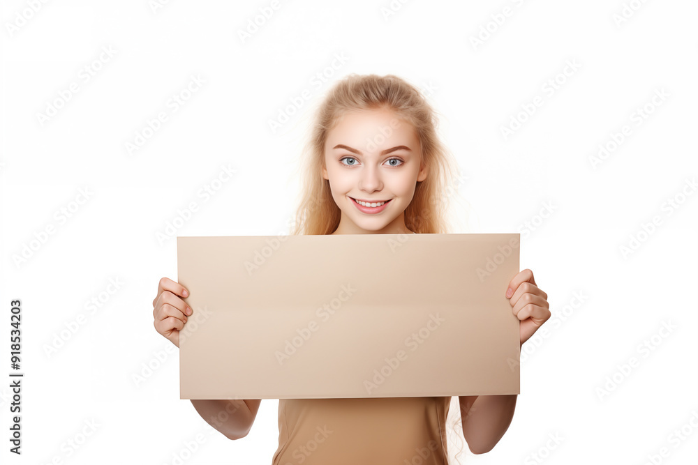 Young pretty blonde girl over isolated white background holding an empty placard Young pretty blonde girl over isolated white background holding an empty placard