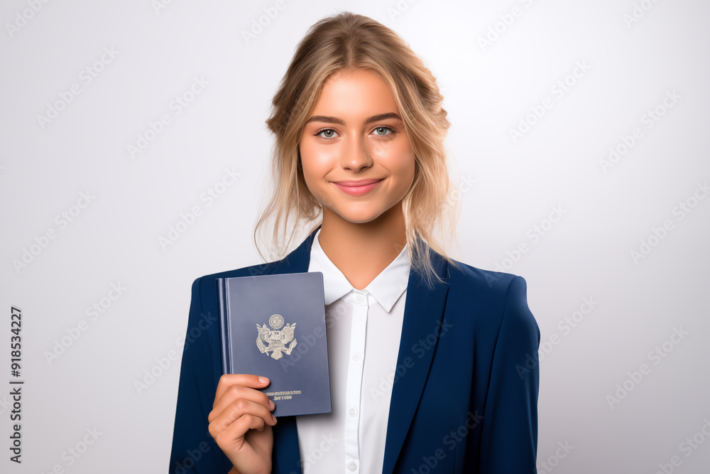 Young pretty blonde girl over isolated white background holding a passport
