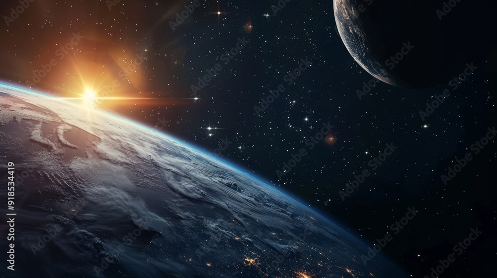 Obraz premium A stunning view of Earth from space, showcasing a sunrise over a blue planet with a crescent moon in the background and a vast expanse of twinkling stars.