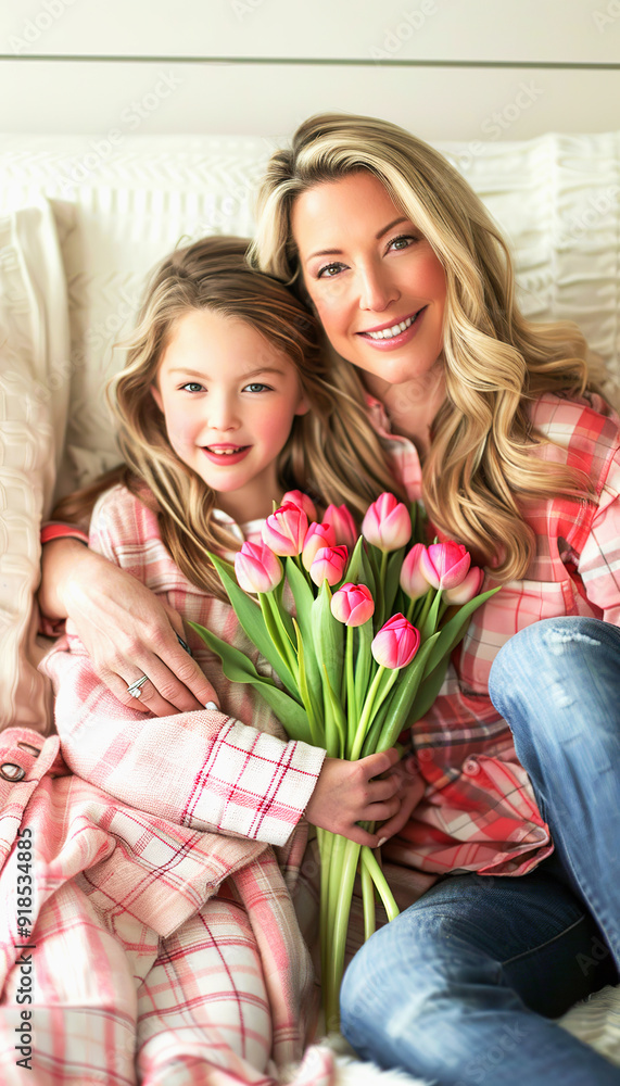 Mother and Daughter Embracing with Pink Tulips Mother and Daughter Embracing with Pink Tulips