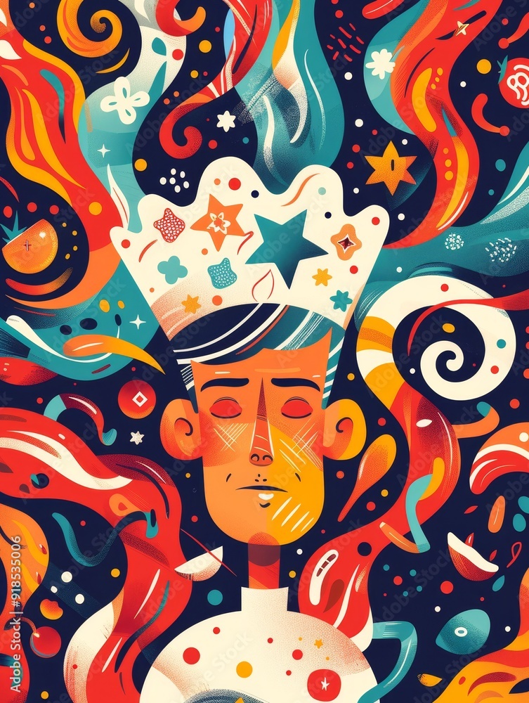 A vibrant and imaginative illustration depicting a person with a crown of stars, surrounded by abstract swirls and patterns, symbolizing creativity, imagination, inspiration, dreams, and aspirations. A vibrant and imaginative illustration depicting a person with a crown of stars, surrounded by abstract swirls and patterns, symbolizing creativity, imagination, inspiration, dreams, and aspirations.
