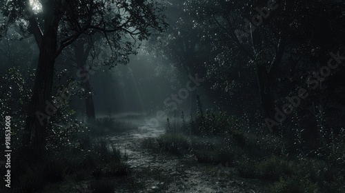 Fototapeta Naklejka Na Ścianę i Meble -  Dark foggy forest with a path through it at night, dramatic dark forest scenery