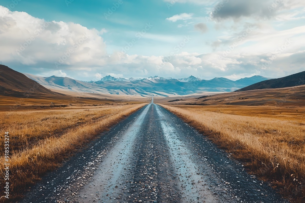 Fototapeta premium Expansive dirt road lined by golden fields under a cloudy blue sky.