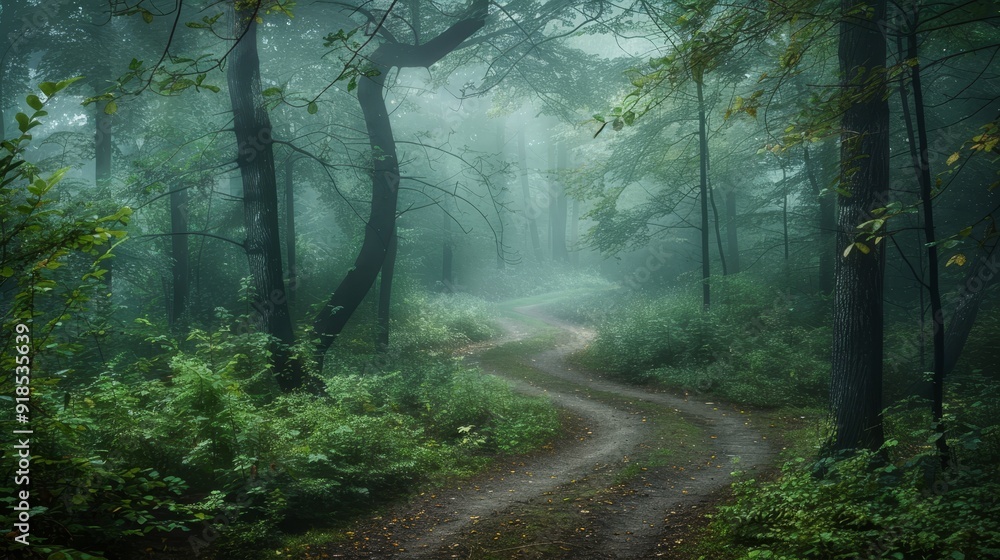 Fototapeta premium A winding path through a lush forest, shrouded in mist, evokes a sense of mystery, peace, and tranquility. The path invites exploration, leading to an unknown destination.
