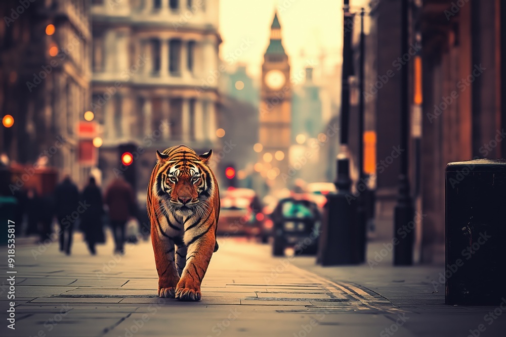 Obraz premium A photo of a majestic tiger exploring the city in London. Demonstrating concepts including urban wildlife, habitat loss, urbanisation, adaptation, nature and civilisation, wildness and modernity.