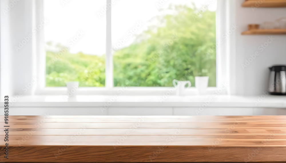 Empty wooden tabletop in front of blurred kitchen window background Empty wooden tabletop in front of blurred kitchen window background