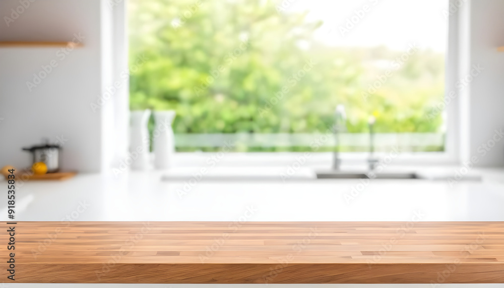 Empty wooden tabletop over blurred modern kitchen interior background Empty wooden tabletop over blurred modern kitchen interior background