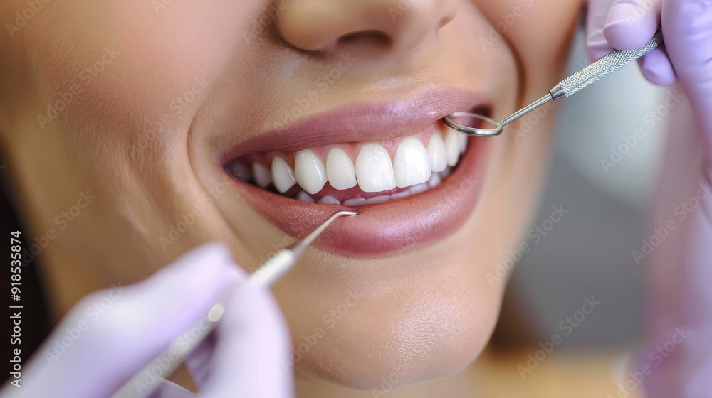Obraz premium A woman receives a dental checkup and teeth cleaning, symbolizing oral hygiene, dental care, preventative health, healthy smile, and professional dental services.